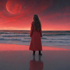 a young girl with long hair wearing a long coat on the beach with a red sky outer space vanishing Generative ai