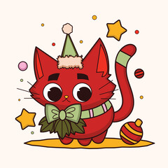 hand drawn Christmas season illustration with cartoon cat