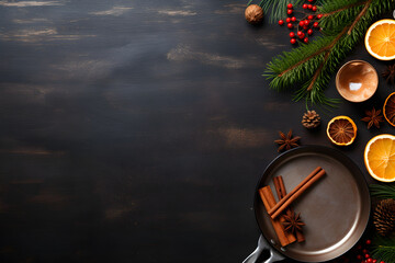 A flat lay composition featuring essential cooking ware for a wholesome Christmas meal, surrounded by seasonal elements, with space thoughtfully reserved for copy in the background.