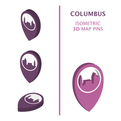 US Columbus 3D vector logo set. USA, United States of America Ohio state. Isometric map pin, geolocation pointer, modern skyline icon, concept, isolated graphic