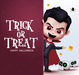 Halloween trick or treat text vector design. Happy halloween trick or treat in empty space with cool boy vampire character for seasonal template. Vector illustration kids party invitation card.
