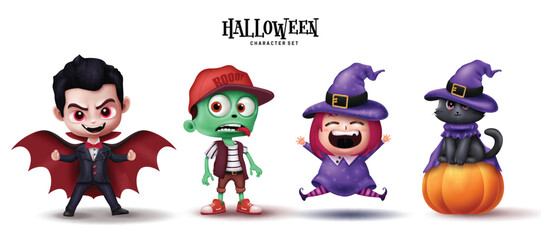 Halloween characters vector set design. Halloween cute cartoon character like vampire, zombie, witch, cat and pumpkin collection. Vector illustration horror kids party mascot collection.
