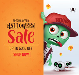 Halloween sale text vector design. Halloween promo special offer in orange space with cute zombie and skull character elements. Vector illustration shopping promotion banner.
