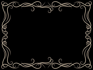 Ornate vintage frame. Swirl ornament on black background. Ornamental curls. Vintage linear border with curlicues. Design a template for invitations, leaflets and greeting cards. Vector illustration