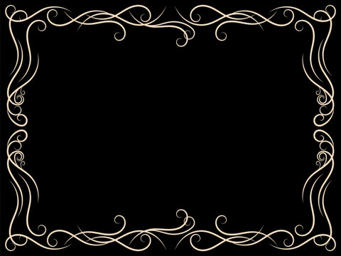 Ornate vintage frame. Swirl ornament on black background. Ornamental curls. Vintage linear border with curlicues. Design a template for invitations, leaflets and greeting cards. Vector illustration