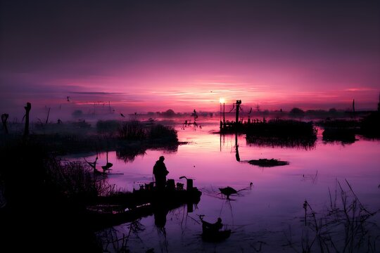 wide angle photograph at dawn of the Essex marshes and flooded river thames Colours are pink purple and violet A flock of cormorants is silhouetted aagaibst the rising sun In the midground 2 