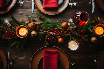 A flat lay composition presenting a joyful and sophisticated Christmas culinary display, featuring plates, utensils, and holiday decor, with thoughtfully reserved space for copy in the background.