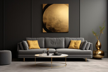 Minimalist interior design for a modern living room featuring an elegant sofa, framed artwork, a table, and various accessories
