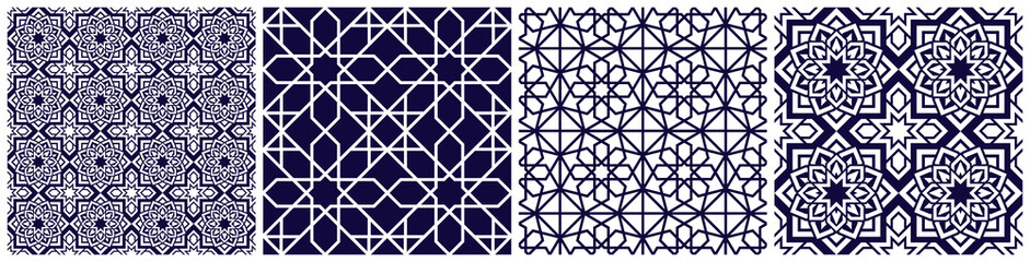 Arabic vector seamless patterns set. Repeated arab background with elegant arabesque. Islamic decorative template texture. Backdrop in eastern style for textile and fabric prints and design