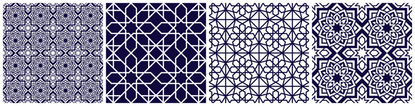 Arabic vector seamless patterns set. Repeated arab background with elegant arabesque. Islamic decorative template texture. Backdrop in eastern style for textile and fabric prints and design