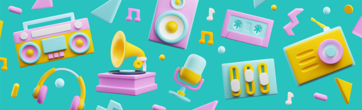 Retro music banner backdrop with 3D recorders and players render illustration.