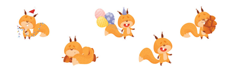 Cute Squirrel Character with Bushy Tail Engaged in Different Activity Vector Set