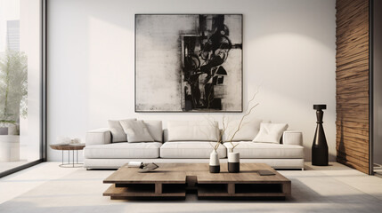 Fototapeta na wymiar Minimalist interior design for a modern living room featuring an elegant sofa, framed artwork, a table, and various accessories