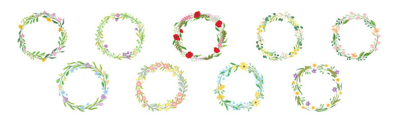 Floral Frame and Round Wreath with Blooming Twig Vector Set