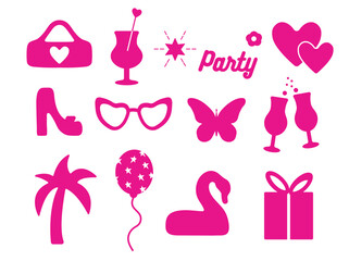 Popular pink collection for girls. heart, daisy, shoe, butterfly, star. logo, sticker, isolated elements on a white background. for print, banner, postcard. art vector illustration.  barbie 