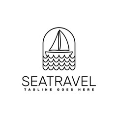line art sea travel logo template , a boat traveling on the ocean