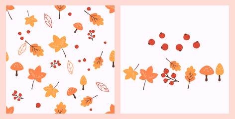 Fototapeta na wymiar Autumn seamless pattern with maple leaves, mushroom and red berry on white background vector.