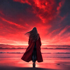 a young girl with long hair wearing a long coat on the beach with a red sky outer space vanishing Generative ai