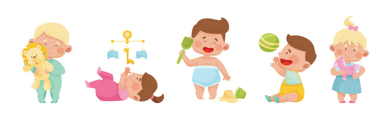 Cute Toddler Children Playing With Different Toys Vector Set