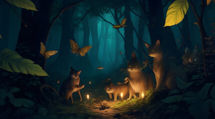 Enchanted Nocturnal Symphony: Vibrant Night Forest Alive with Rustling Leaves and Critter Chatter