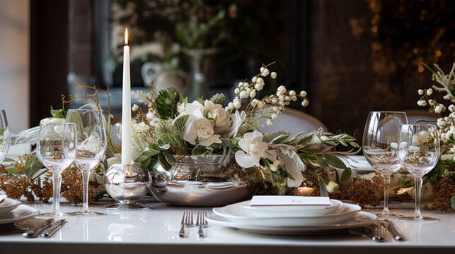 Christmas table decor, holiday tablescape and dinner table setting, formal event decoration for New Year, family celebration, English country and home styling