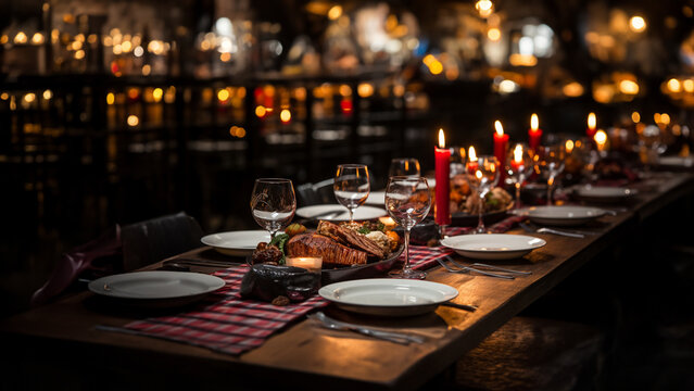 Wundersch&ouml;ner langer Tisch mit vielen Kerzen gedeckt f&uuml;r weihnachtliches Fest in sch&ouml;ner Location im Querformat f&uuml;r Banner, ai generativ