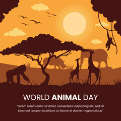 Collection of animals in the desert at sunset silhouette suitable for world animal day