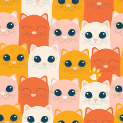 Emotional ginger autumn cats create a cute modern seamless pattern with pets for textiles. 