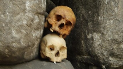 Slow shutter effect, selective focus, smooth camera movement, two human skulls lie in the stones. Shot with long exposure.