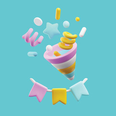 Party popper with confetti and colorful garland in cute 3d style, vector illustration on blue background.