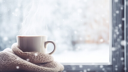 Winter holidays, calm and cosy home, cup of tea or coffee mug and knitted blanket near window in the English countryside cottage, holiday atmosphere - obrazy, fototapety, plakaty