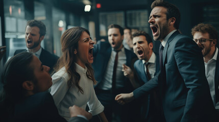 an obnoxious businessman screaming at her Boss infront of her team, ai generated.