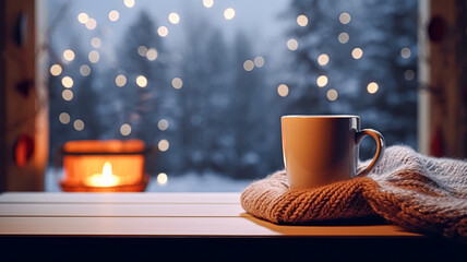 Winter holidays, evening calm and cosy home, cup of tea or coffee mug and knitted blanket near window in the English countryside cottage, holiday atmosphere - Powered by Adobe