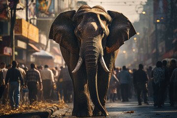 a massive asian elephant roaming in the city, ai generated.