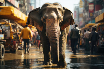 a massive asian elephant roaming in the city, ai generated.