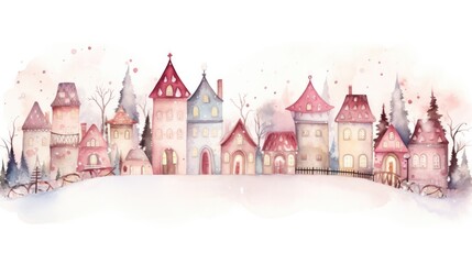 Watercolor illustration of a Christmas village with houses and tree background. - obrazy, fototapety, plakaty