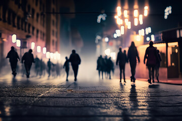 Crowd of people walking on the street at night - obrazy, fototapety, plakaty