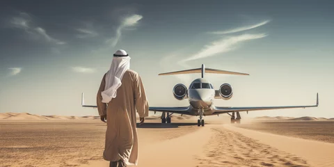 Gordijnen Arab in private jet landing a desert airport. © xartproduction
