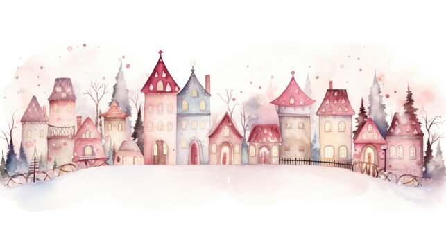 Watercolor illustration of a Christmas village with houses and tree background.