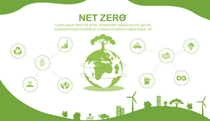 Net zero concept. Net zero greenhouse gas emissions target. Climate neutral long term strategy