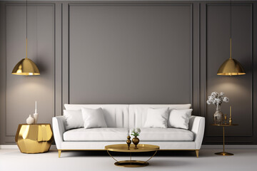 Minimalist interior design for a modern living room featuring an elegant sofa, a table, and various accessories