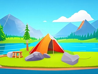 Cartoon camping. Summer nature scene with trailer tent and bonfire. Scenic forest panorama. Lake and mountain peaks scenery. Empty campsite in woodland meadow. 