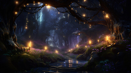Mysterious magical lights sparkling in fantasy forest
