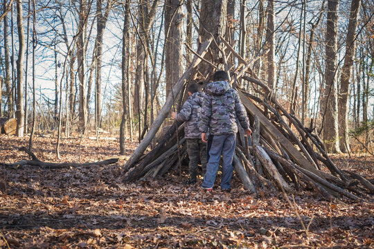 Young boys using sticks to build shelter in woods.