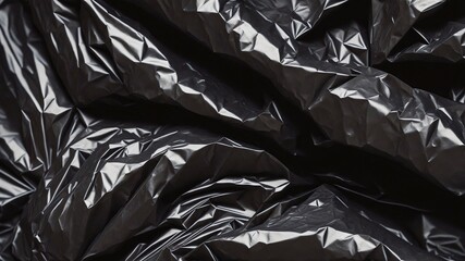 Abstract background of crumpled black plastic film bag. Generative AI.