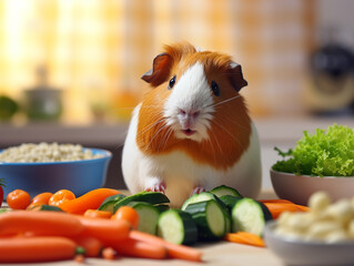 A tricolor guinea pig or Easter bunny on a light background sits with its paws on fresh vegetables, broccoli, carrots, cucumbers, eats them and looks at the camera.