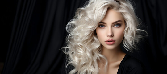 Glossy groomed white hair coiffure. Beautiful girl with long blonde hair on dark background - obrazy, fototapety, plakaty