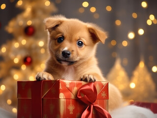 A small fluffy puppy peeks out of a New Year's gift box and looks at the camera against the backdrop of a Christmas tree and garland lights. We gave a dog for New Year or Christmas.