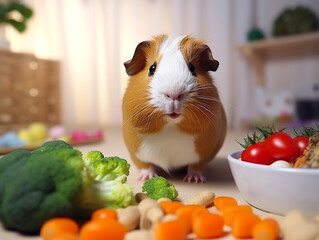A tricolor guinea pig or Easter bunny on a light background sits with its paws on fresh vegetables, broccoli, carrots, cucumbers, eats them and looks at the camera.
