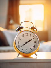 Close-up of an alarm clock on the background of a bright room, bed and window with curtains
